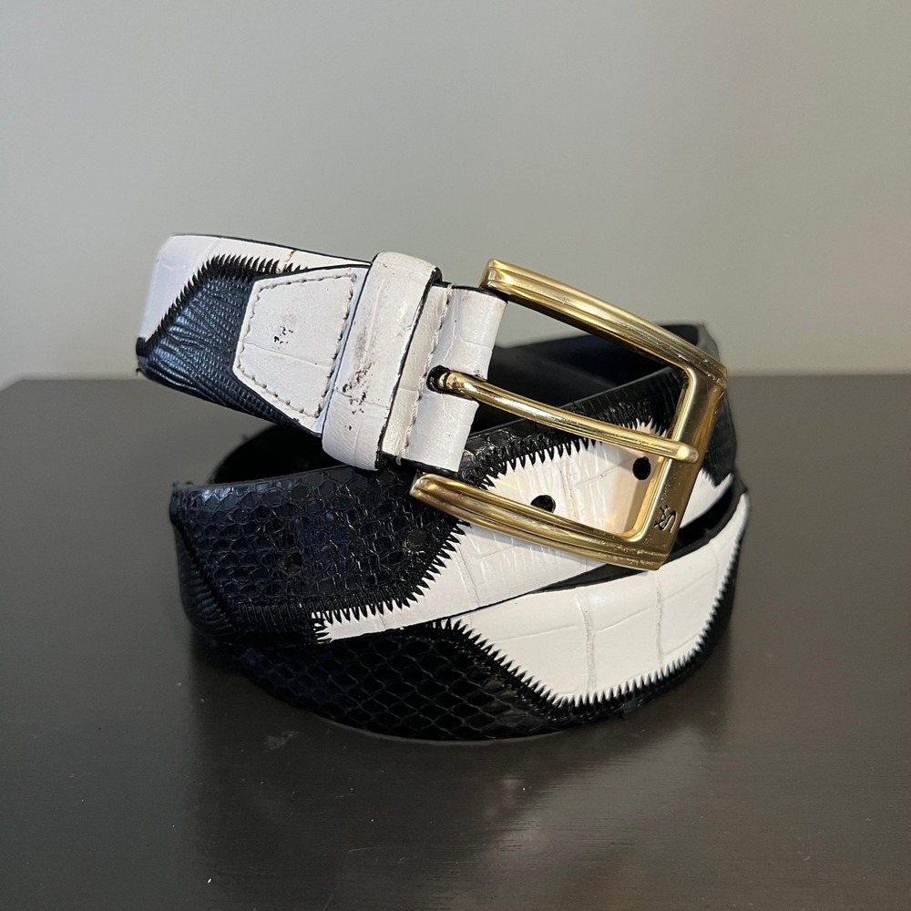 Stacy Adams Mens Belt Black White Patchwork Exotic Embossed Leather Gold Buckle